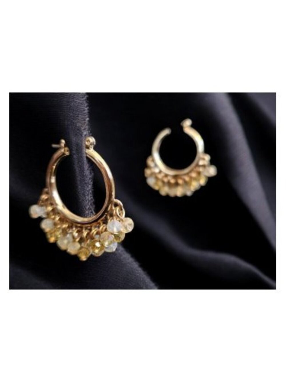 Goldtone with White and Gold Dangling Gemstone Hoop Earring